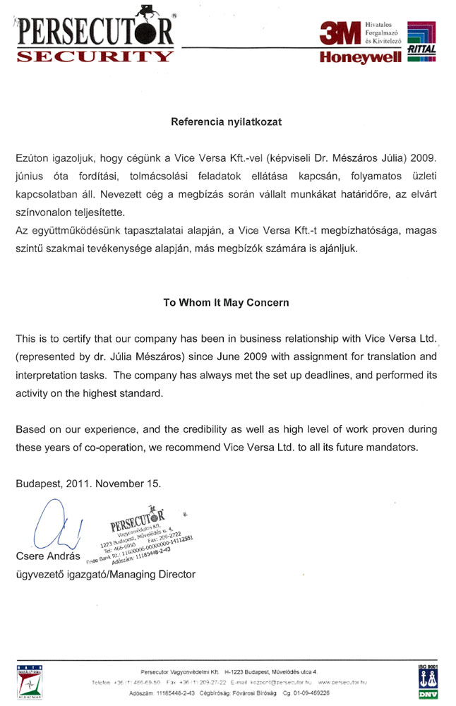 Referencia - Persecutor Vagyonv&eacute;delmi Kft.